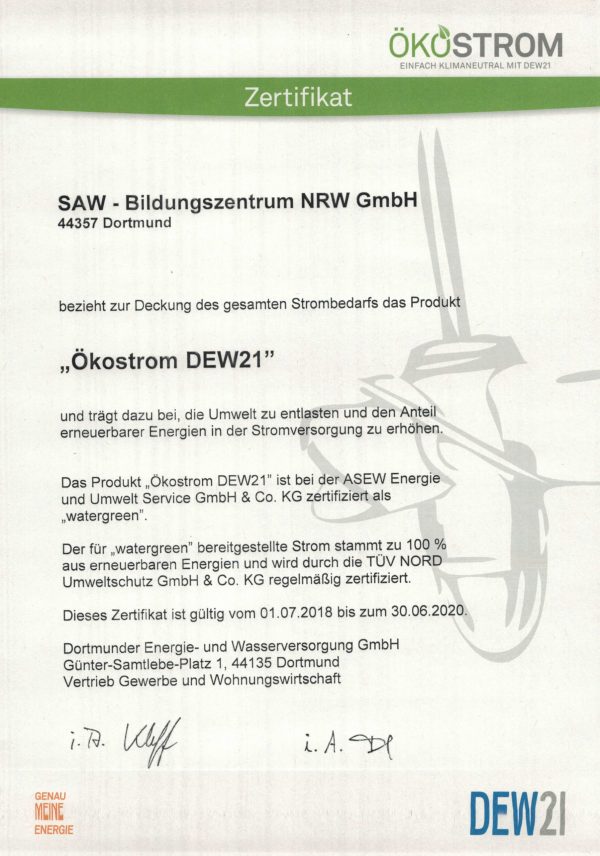 SAW-Bildungszentrum-NRW-GmbH-Nachhaltigkeit-Ökostrom